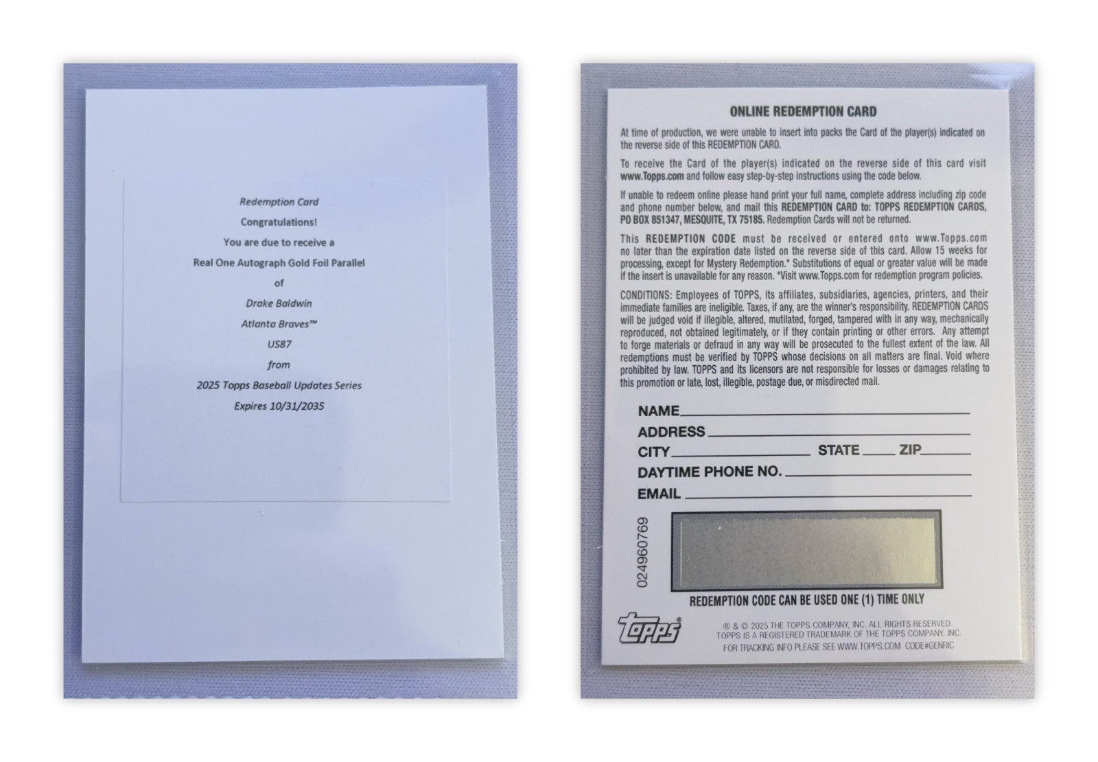 2025 Topps Update Drake Baldwin Real One Rookie Auto Gold /50 Redemption #US87