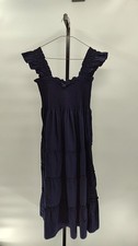 Quince Women 100% Organic Cotton Poplin Maternity Smocked Midi Dress Navy M