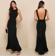 Lulus Exquisite Refinement Black Backless Bow Ruffled Maxi Dress Formal L NWT