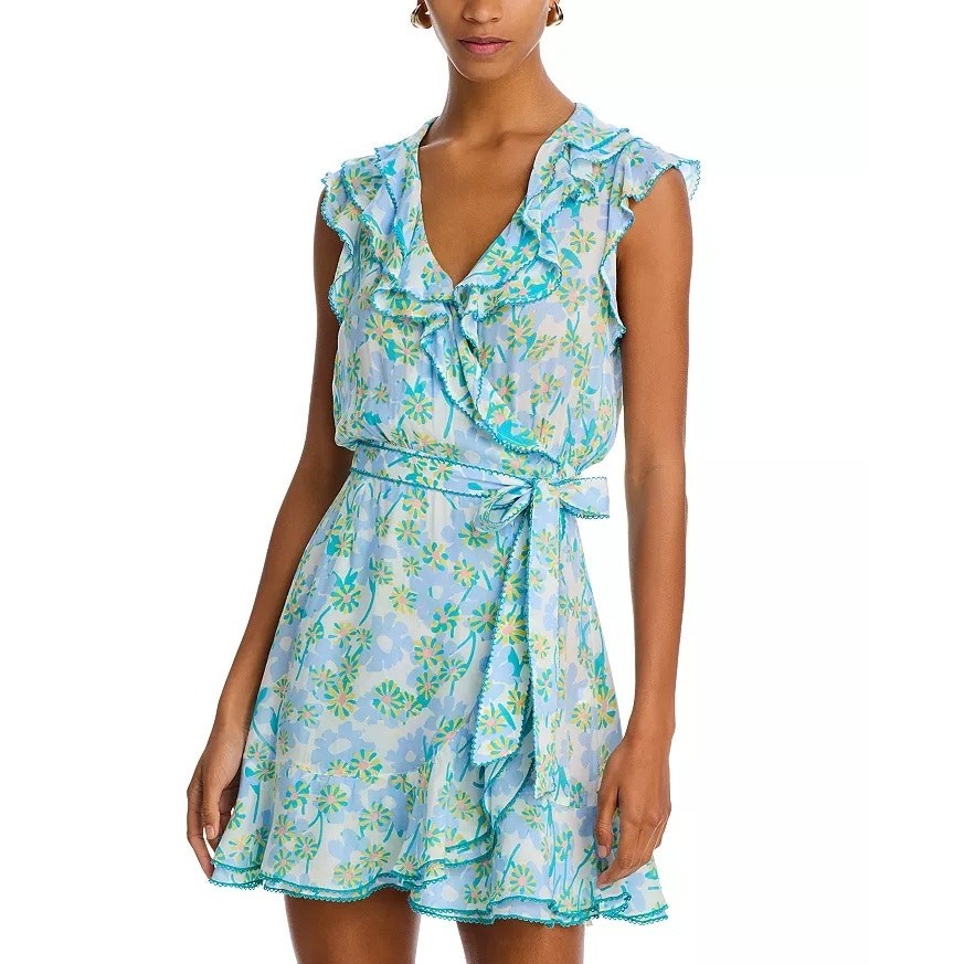 Poupette St. Barth Women Blue Floral Viscose Aude Ruffle Wrap Mini Dress Size M