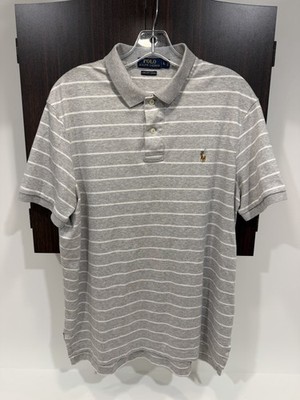 Ralph Lauren Polo Shirt Mens Large L Grey White Striped Pima Soft Touch Short