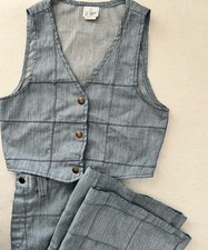 Vintage 70s Girl s Denim Chambray Set Window Pane Bell Bottom Jeans Vest 12/14