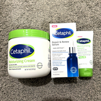 Cetaphil Moisturizing Cream 16 oz + 1.7 oz Travel + Repair & Renew Serum 1 oz