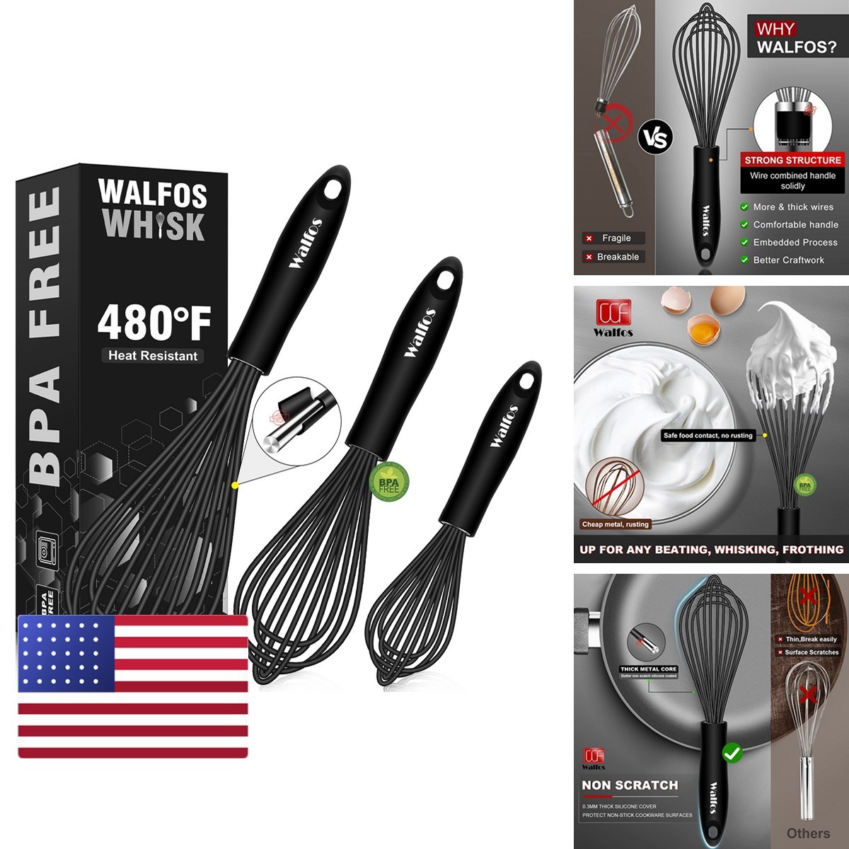 Walfos Silicone & Stainless Steel Wire Whisk Set of 3, 480°F, Black