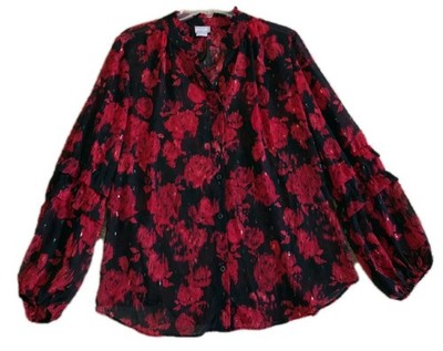 Chico's 1(M-8)Red Black Lurex Ika Jacquard Blouse Lsv