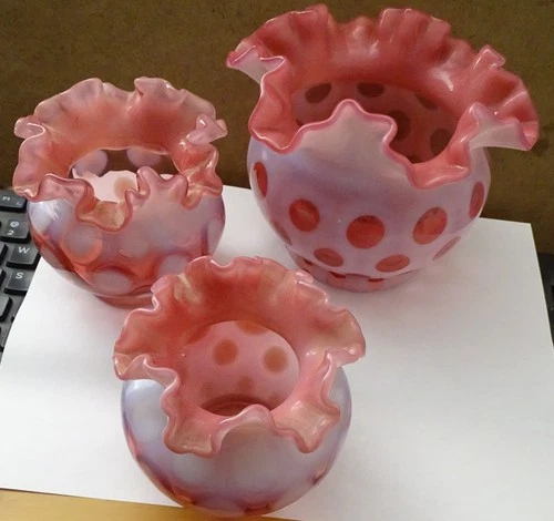 3 Fenton Cranberry Opalescent Coin Dot ruffled vases (or rose bowls)