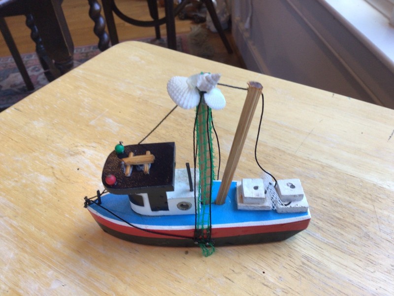 Vintage 5”FISHING BOAT SCULPTURE WOOD great nautical Xmas Ornament
