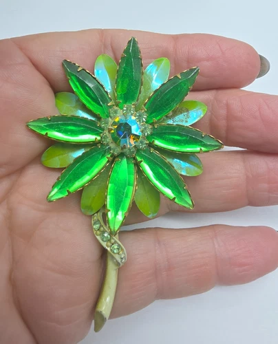Green Marquise AB Rhinestone Enamel 3 Inch Flower Brooch Vintage