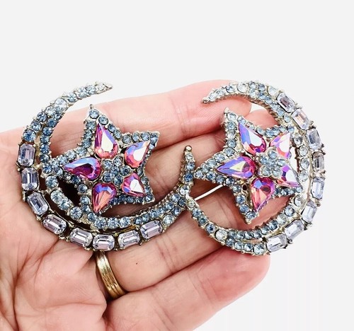 Huge THELMA DEUTSCH Alexandrite Rhinestone Earrings 3D Signed Vintage Jewelry - Picture 5 of 8