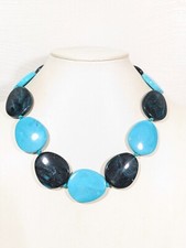 Blue Faux Turquoise Oval Beaded Statement Necklace Boho Western Coastal 22 in