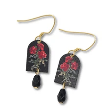Lemon Tree Earrings Red Rose on Black Print Arch Shape with Black Bead Unique!