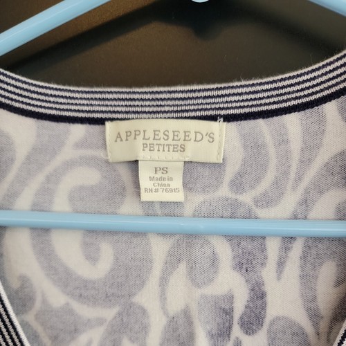 Appleseed's Belted Button Cardigan Sweater Blue Ivory Paisley Jacquard Knit PS - Picture 3 of 6