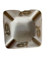 Vintage Square Ceramic Ashtray With Gold Wheat Design