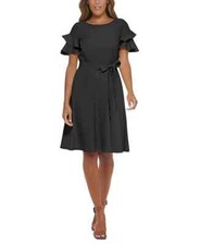 Calvin Klein Womens Ruffle-Sleeve A-Line D Black 6 Missing belt