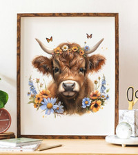 Cow Art Print, Highland Cow and Wildflowers Art Print, Farmhouse Wall Art Decor