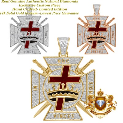 Real Natural Diamond Knights Templar Masonic York Rite Cross Crown Pendant Charm