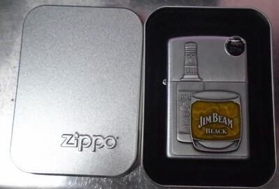 Zippo 21111 Jim Beam Bottle w Glass Emblem Retired 2006 Satin Chrome Tin Box