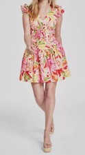 Vince Camuto Women's Pink Floral V-Neck Ruffled Cap Sleeve Dress Size 14