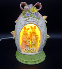 Easter Lighted Porcelain Easter Egg Lamp Filled w/ Bunnies  Flowers Vintage