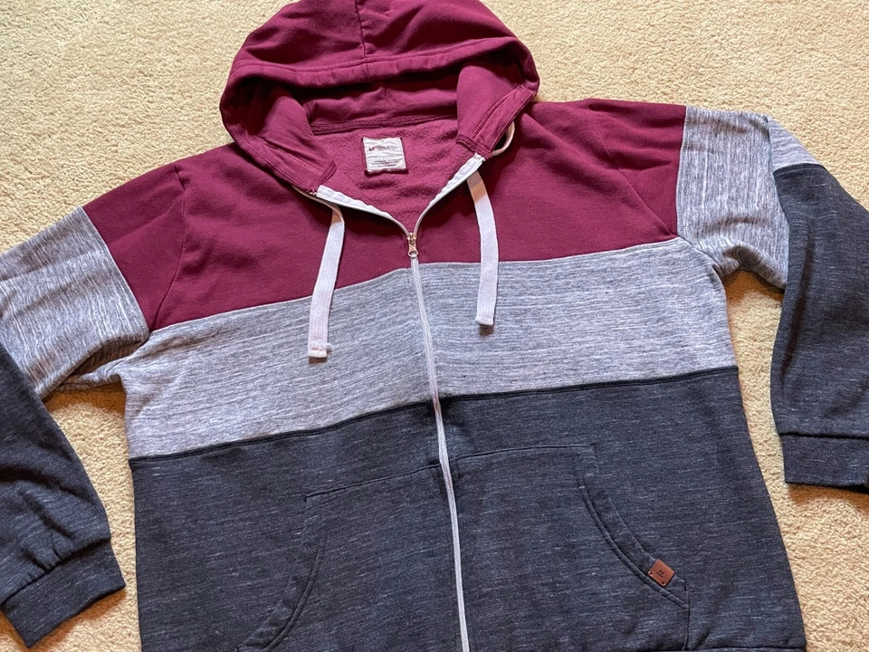 Doublju Sudadera Rayas Delgada Cremallera Sudadera con Capucha Gris Borgoña 3X Foto 3 de 4