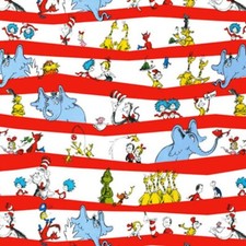 BTHY Dr Seuss Cat in The Hat Wavy Strip White Cotton Fabric By HALF Yard 10788