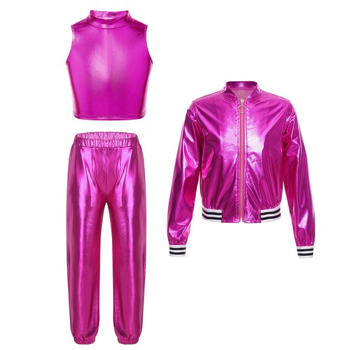 Kids Girls Tracksuit Patchwork Dance Outfit Active Jacket Vest With Pants Gym - Picture 30 of 51
