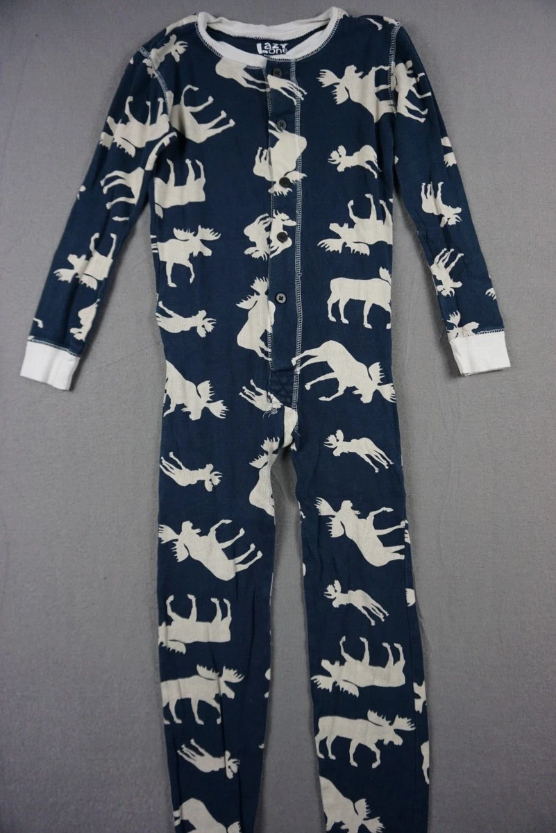 Lazy One Moose Pajamas Boys 8 Long Johns One Piece Body Suit Blue