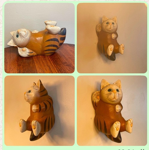 Vintage Hand Carved Solid Wood Tabby Cat Figurine 10” Playful Folk Art Statue