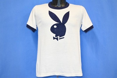 vintage 70s PLAYBOY BUNNY LOGO VELVET FLOCKED BLUE WHITE RINGER t