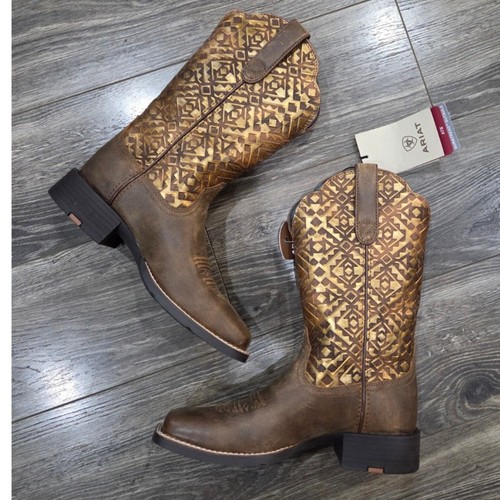 Ariat Round Up Wide Square Toe Cowboy Boot Bare Brown Copper Blanket Emboss 7B - Picture 4 of 9