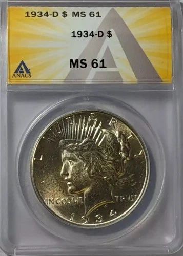 1934 D Peace Silver Dollar ANACS MS-61
