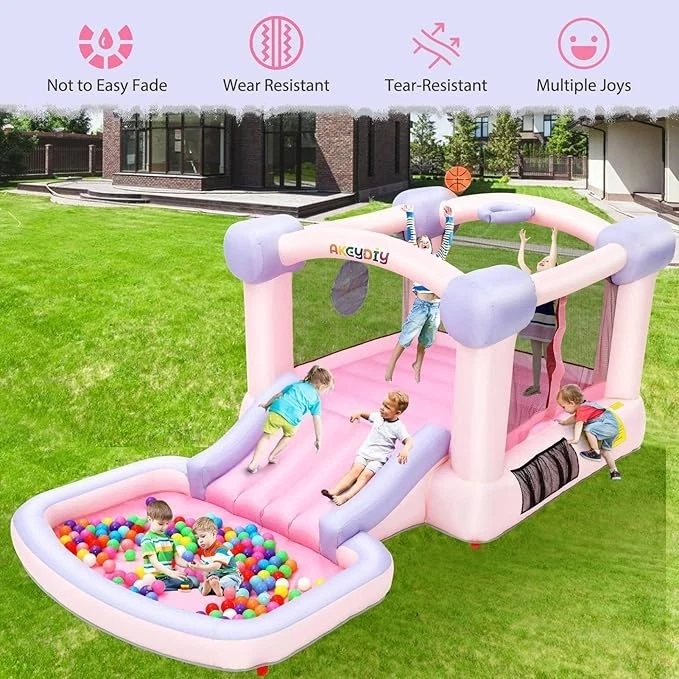 Домик для прыжков с водой 161x82x63 дюйма с горкой, шариковой ямой/бассейном, розовый домик для прыжков🎪 - Изображение 2 из 4