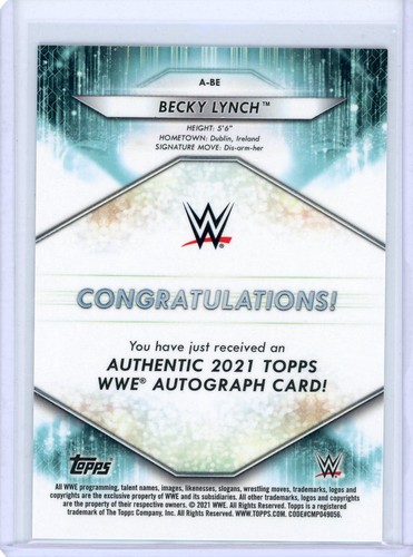 BECKY LYNCH 2021 TOPPS WWE #A-BE Autograph (ON CARD AUTO) AUTO CARD 77/99 - Picture 2 of 2