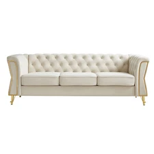 Modern Tufted Velvet Sofa - 87.4" Beige Living Room Furniture