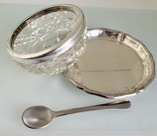 Schale Glas Silber Rand antik Saliere Tablett Hotelsilber Zucker Butter Kaviar