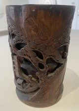 Vintage Chinese Hand Carved Bamboo Brush Pot / Pen Holder