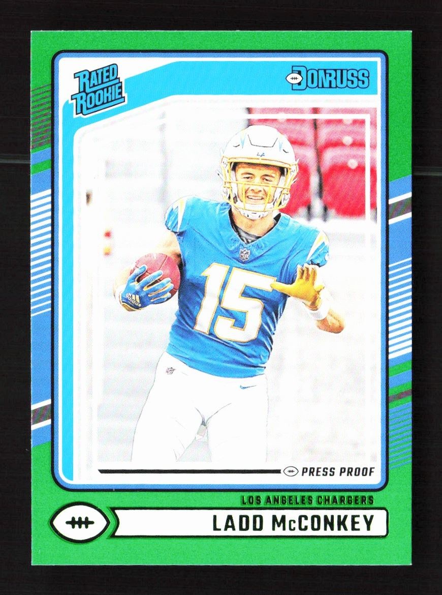 2024 Donruss Rated Rookie Press Proof Green Ladd McConkey RC Los Angeles
