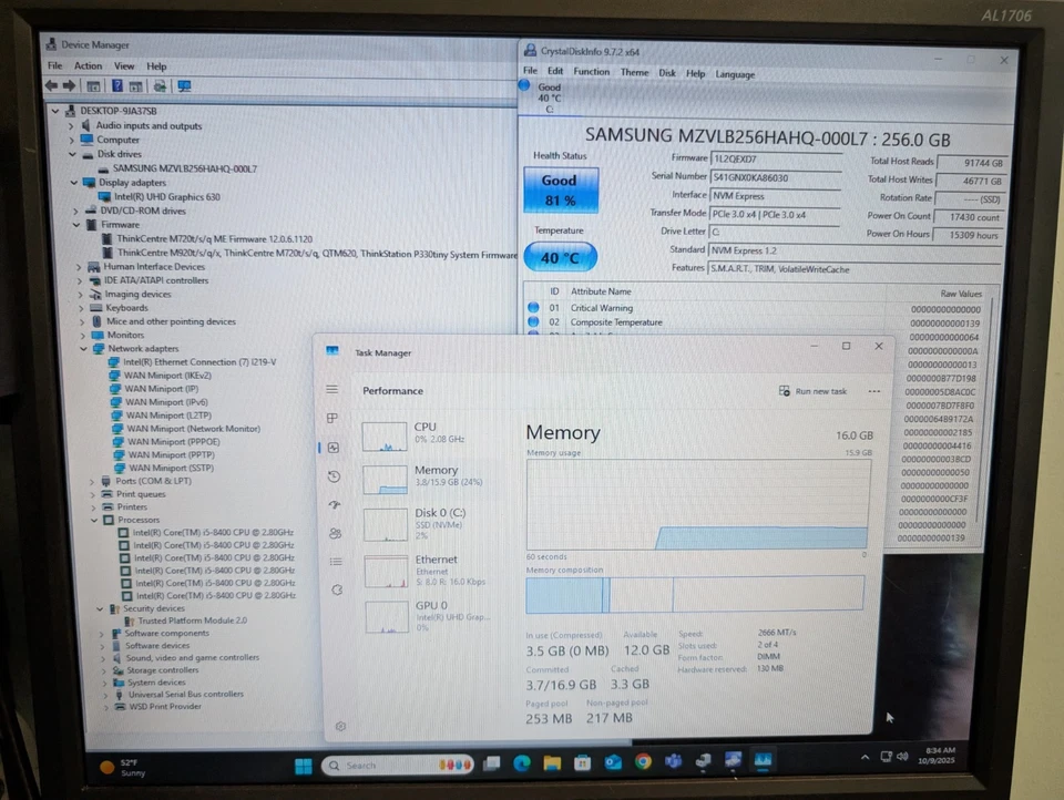 Lenovo SFF 10ST-002FUS,  i5-8400, 16GB DDR4(2x8GB), 256GB NVMe, DVDRW, Win11 Pro - Image 3 of 4