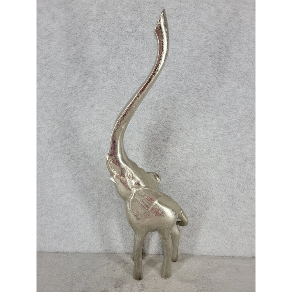 Estatua de elefante plateado decoración del hogar tronco largo estatuilla de metal macizo India 19" Foto 2 de 4