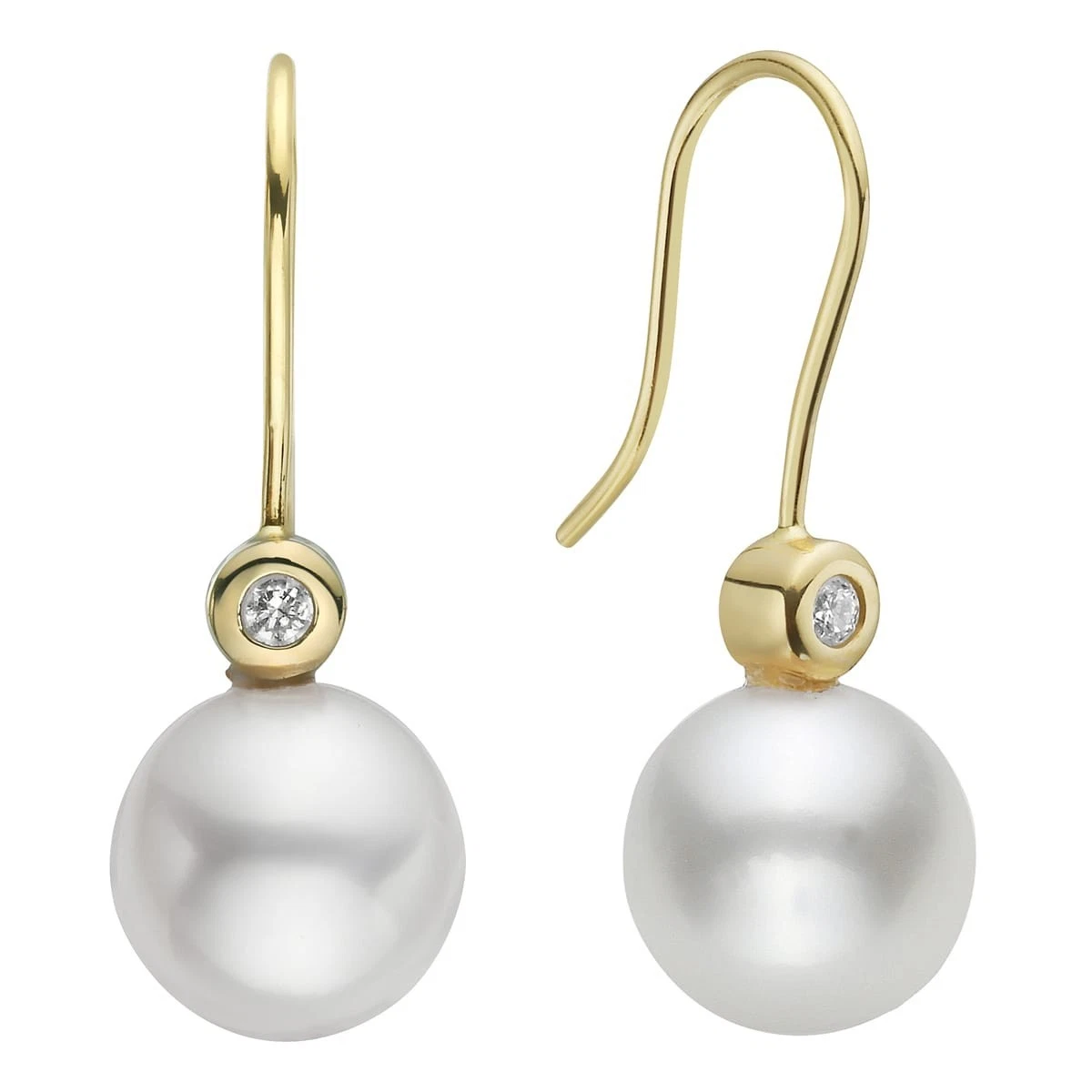 18K Yellow Gold Pearl & Bezel Set Diamond Hook Earrings 9-10mm 0.06 ct tw G SI1