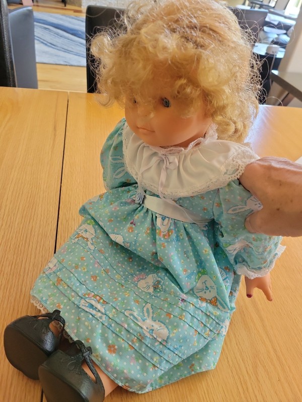 VTG  Girl Doll w/ Blonde Curly Hair & Green Dress And Black Shoes  20" Tall.