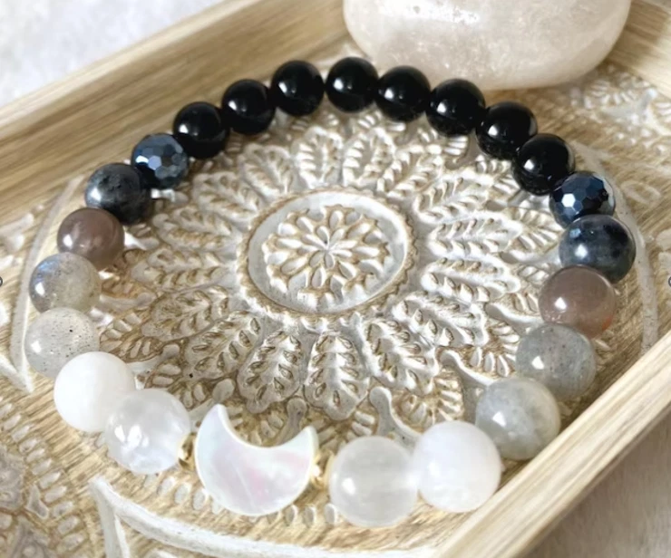 Pulsera de labradorita con piedras lunares de perlas fase lunar dije cristal joyería curativa Foto 4 de 4