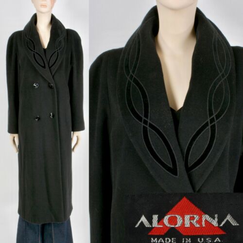 M L Vintage 90s Alorna Black Wool Long Length Oversized Cocoon Winter Coat  80s