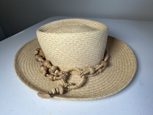 Panama Straw Hat Hand Woven Equador Wooden Beaded Trim Excellent Condition