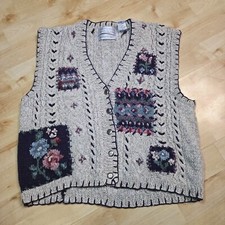 Vtg Portraits by Northern Isles Hand Knitted Vest Large Floral Oatmeal Cottage