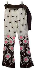 Vintage 60's Women's Rare Mod Pink and Brown Daisy Print Pants w/Sash - Sz XS