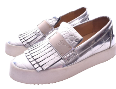 GIUSEPPE ZANOTTI Silver Metallic Leather Fringed Kiltie Slip On