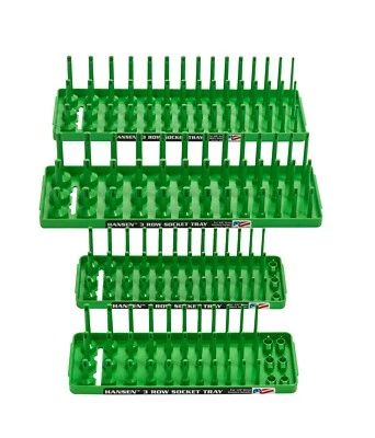 HANSEN GLOBAL Hansen 4pc Socket Holder Tray Organizer Set 3 Row 1/4" 3/8" Deep Shallow Green