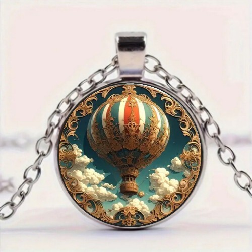 Vintage Style Hot Air Balloon Round Glass Pendant Necklace - Picture 1 of 5