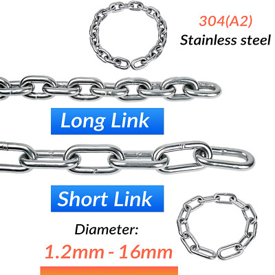 Short / Long Link Chain 304 Stainless Steel 1.2mm 1.5mm 2mm 3mm 4mm 5mm 6mm-16mm